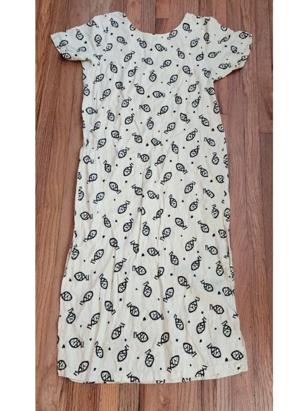 Vintage 100% Linen Maxi Dress Beach Vacation Cruise USA Cover-Up Large Fish AOP